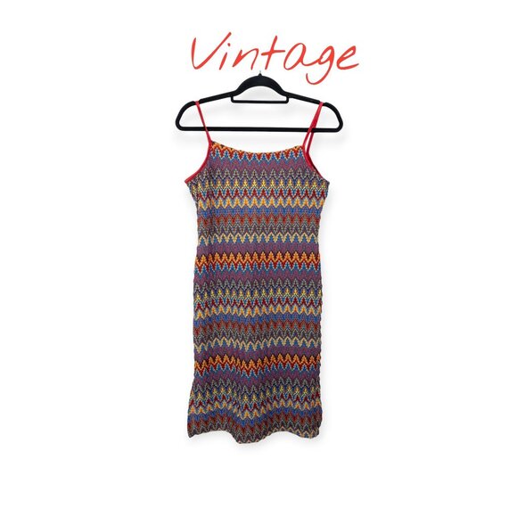 Vintage Y2K Eye Candy Zigzag Multicolor Knit Midi Dress With Red Spaghetti Strap - Picture 1 of 11